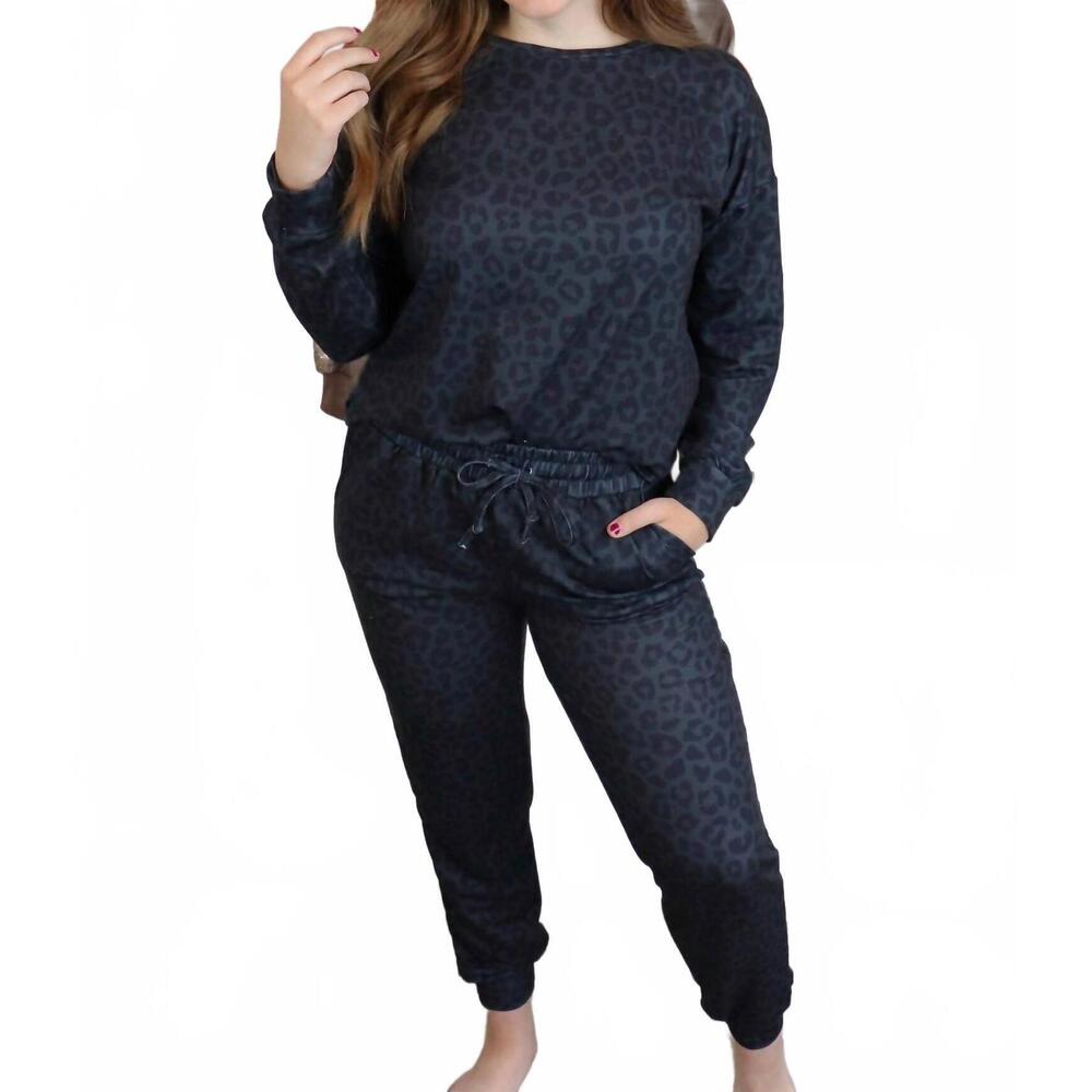 NEW GRACE + EMMA take it easy lounge set in black cheetah print